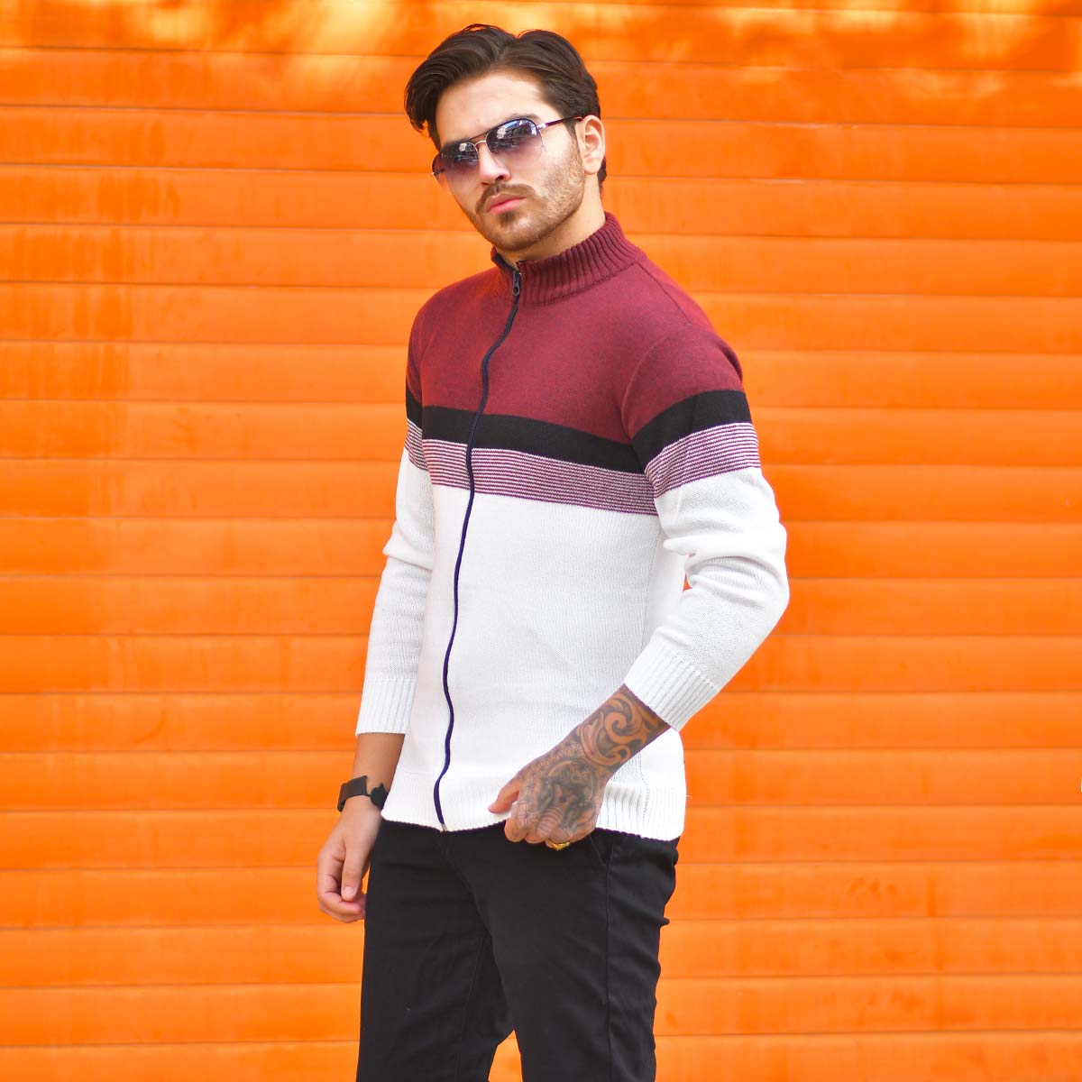 سوئیشرت بافت مردانه مدل Brenda رنگ زرشکی و سفید