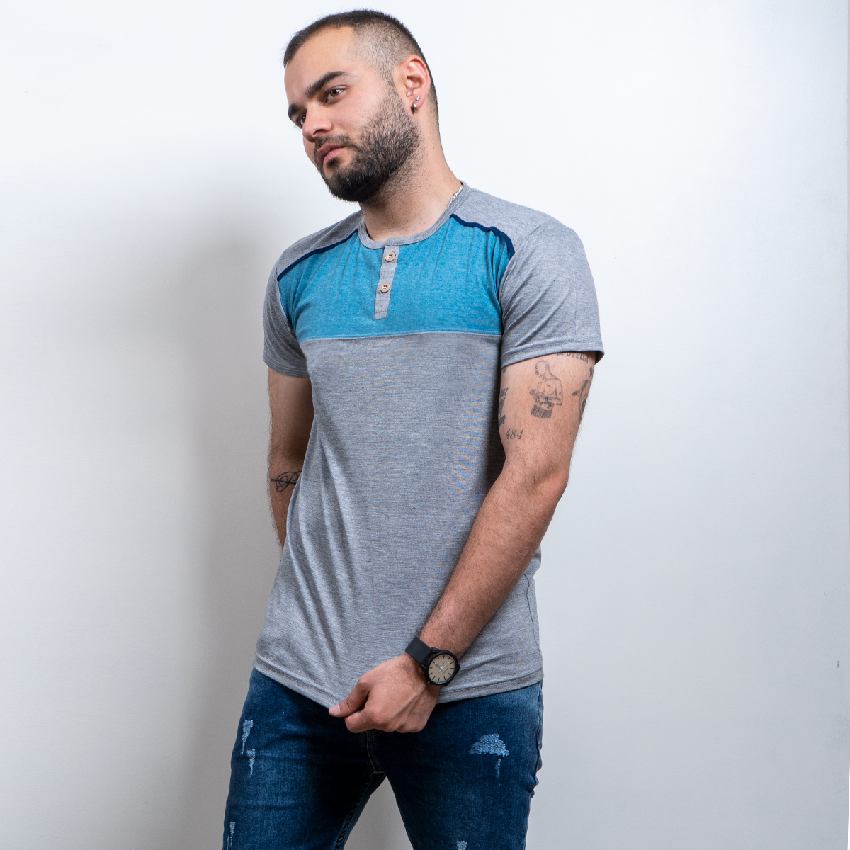 تیشرت مردانه طوسی تیره آبی مدل Ratim(T)