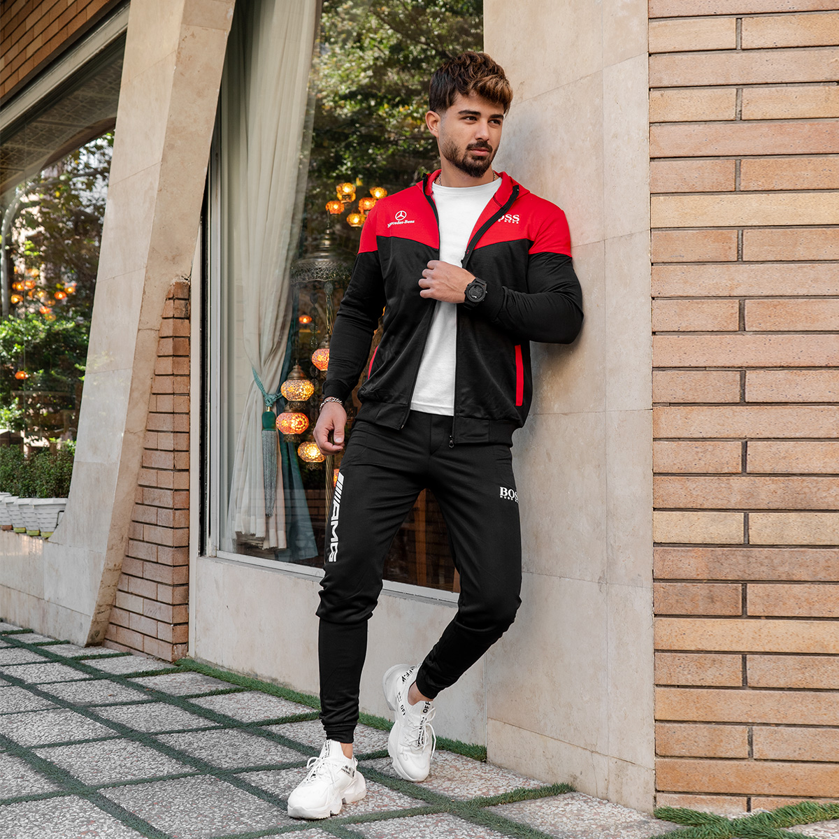 ست سوییشرت شلوار قرمزمشکی مردانه مدلBoss