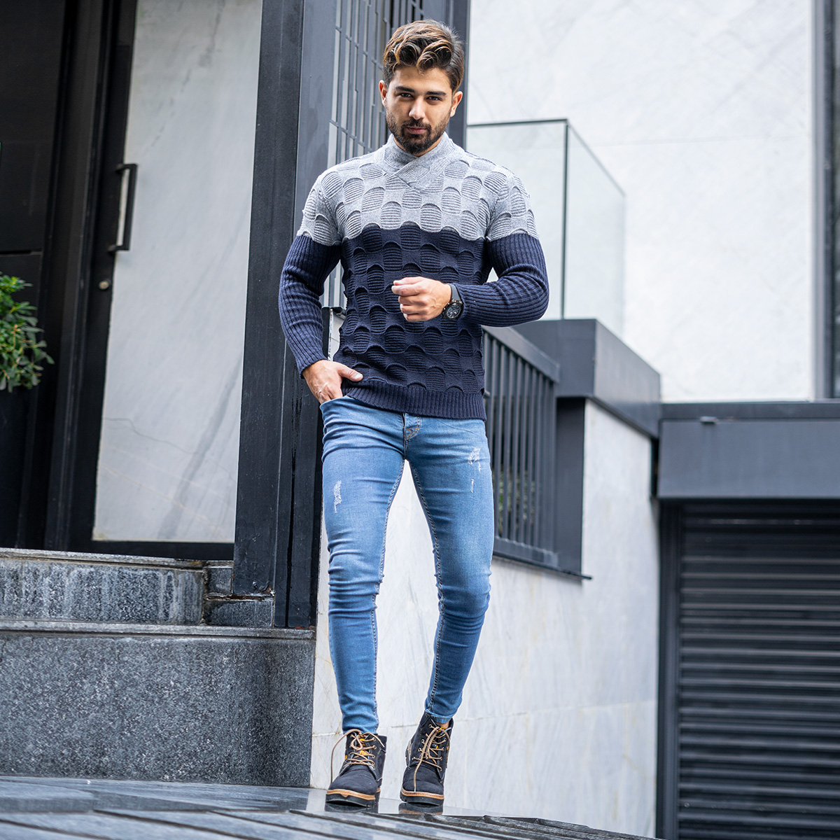 پلیور دورنگ سرمه ای طوسی مردانه مدلArkia