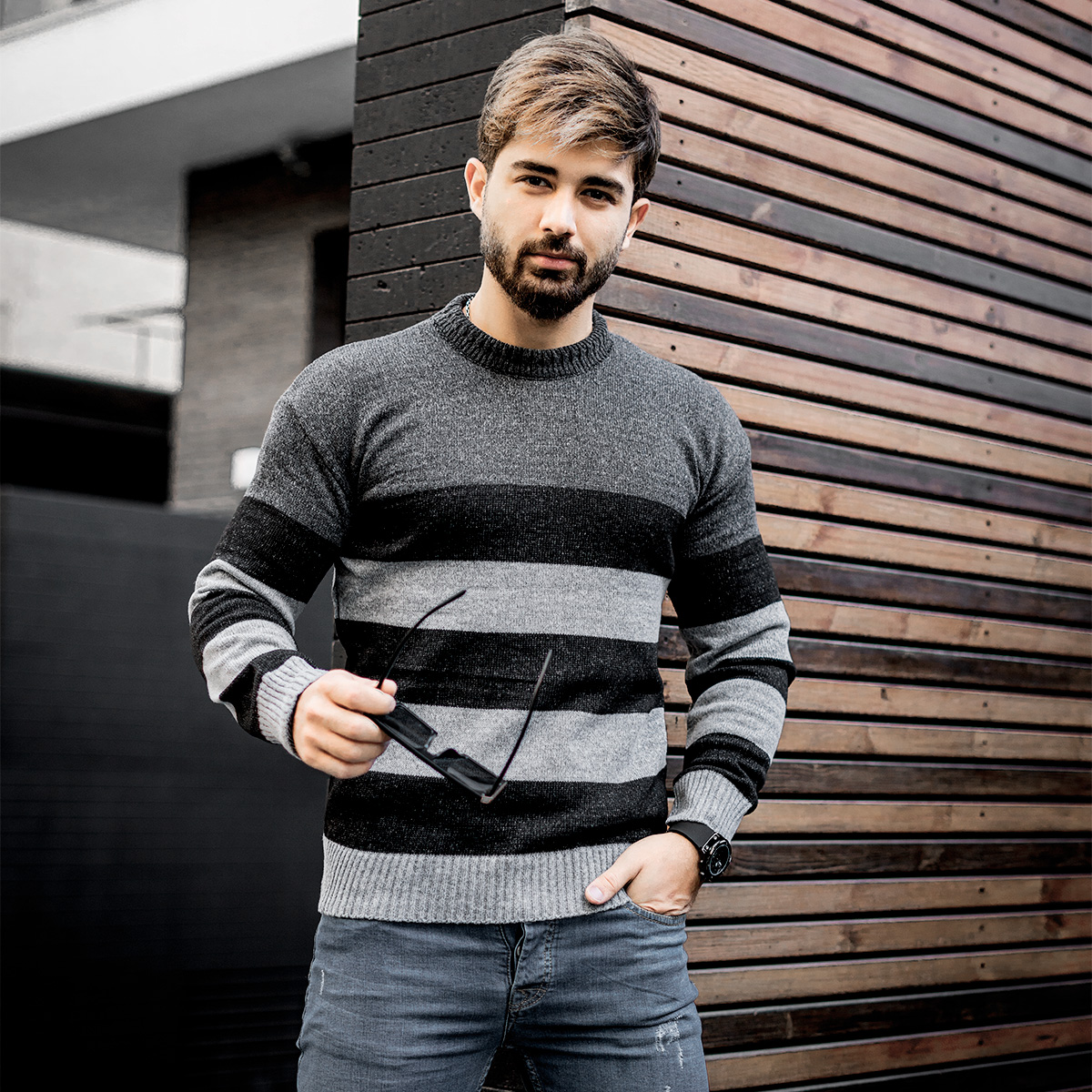 پلیور راه راه طوسی ذغالی مردانه مدل Sosha