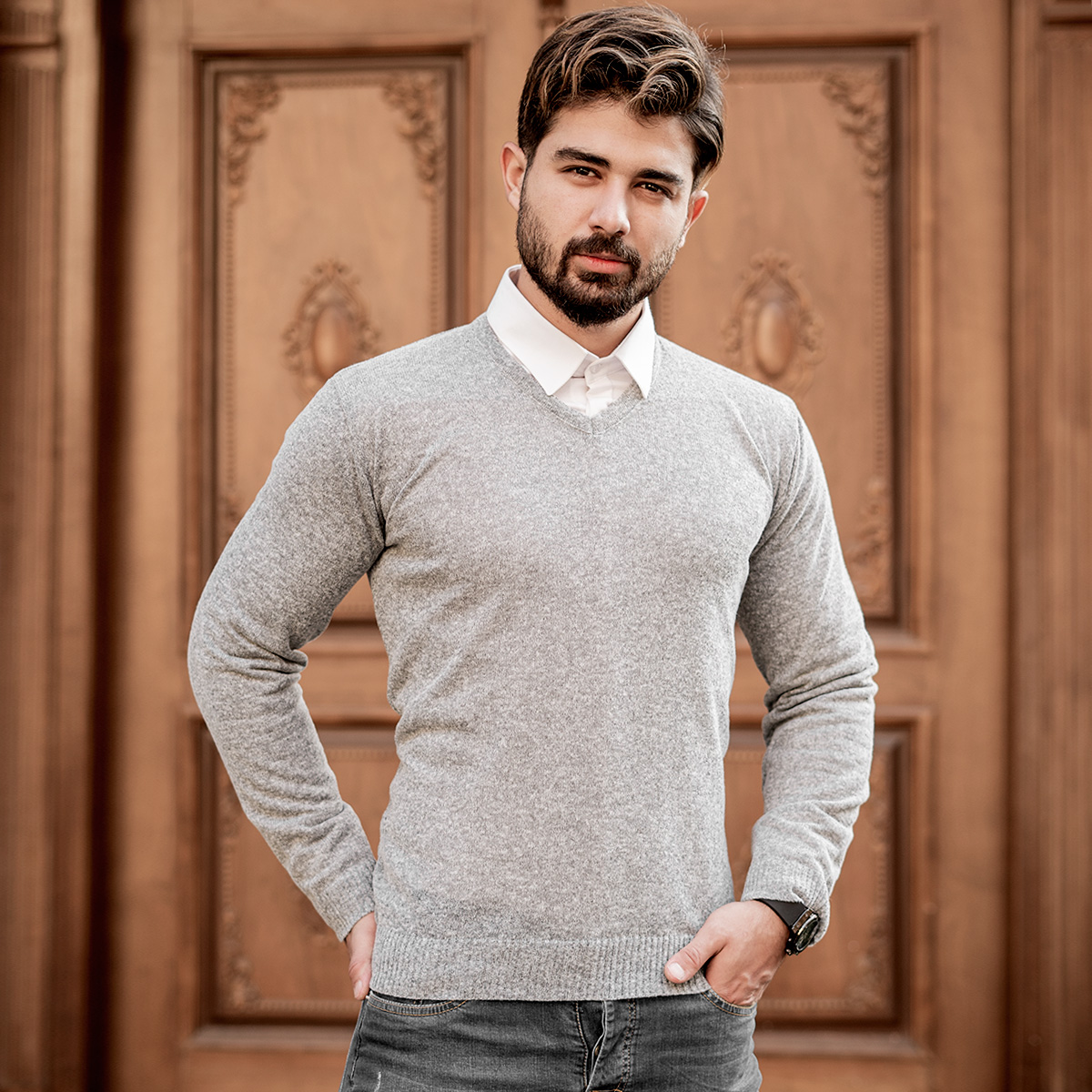 پلیوربافت یقه هفت طوسی مردانه مدلETM