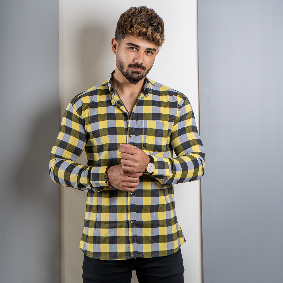 پیراهن چهارخانه زرد مردانه مدل unam