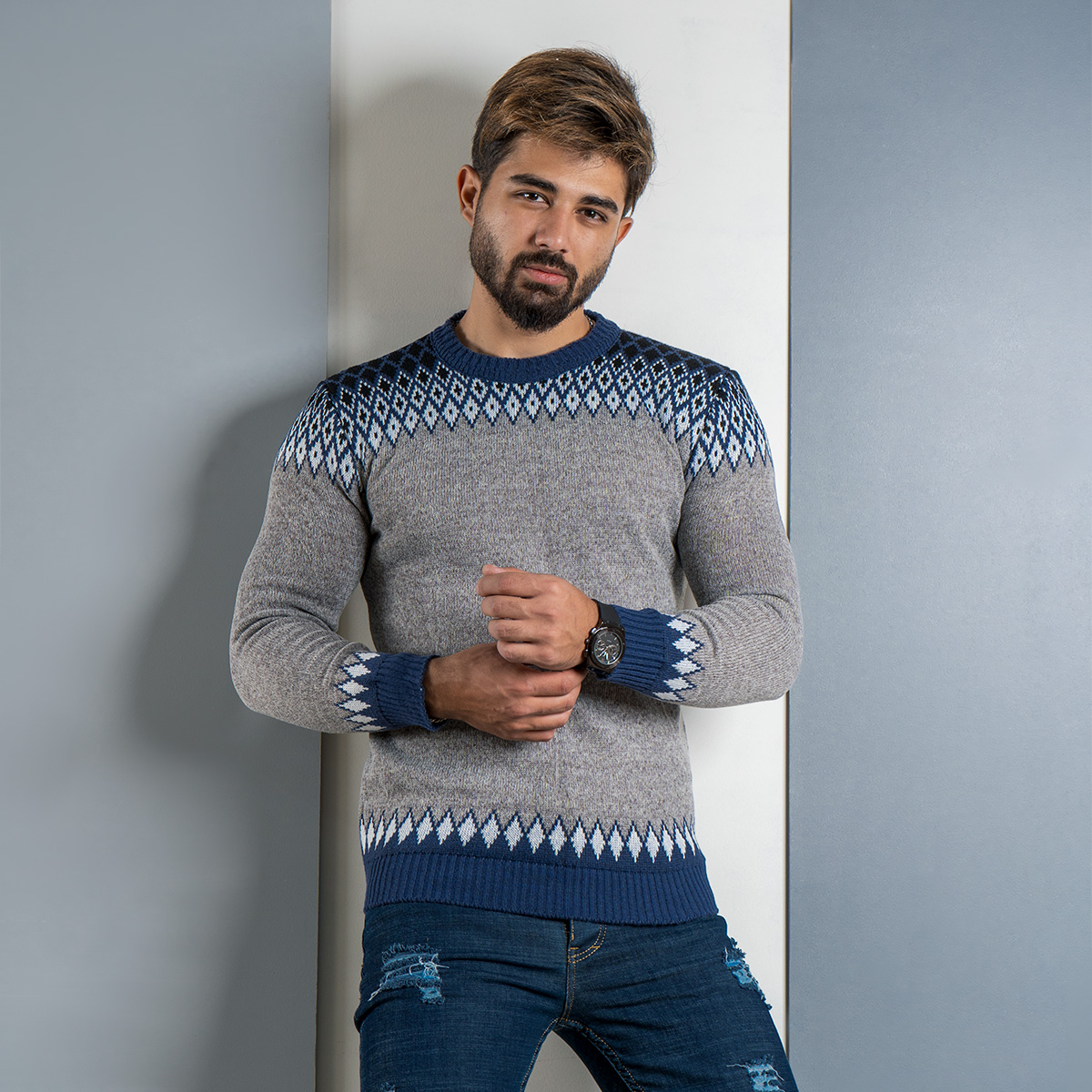 پلیور طوسی آبی(T) مردانه مدل tikal