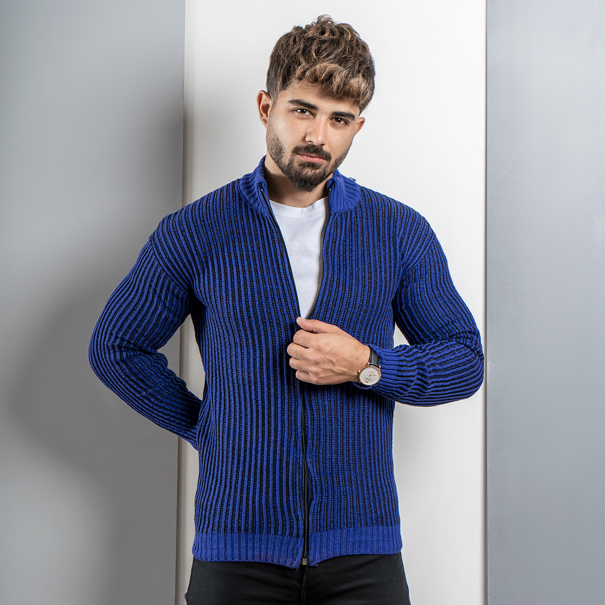 سوییشرت بافت (T)زیپ دار آبی مدلANOSH