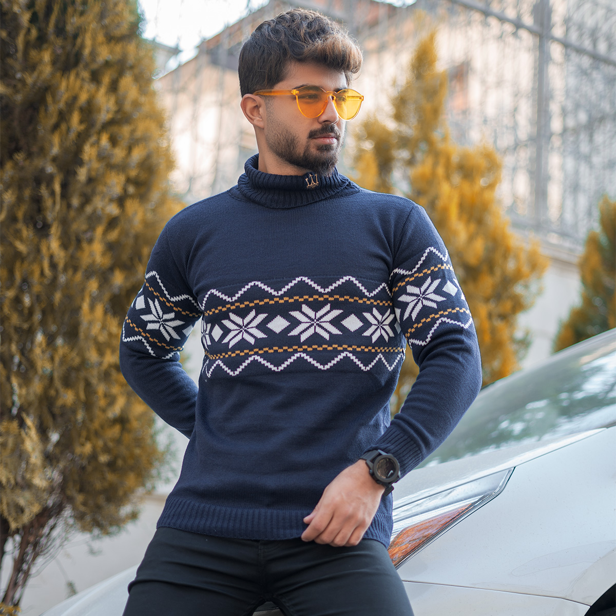 یقه اسکی سرمه ای حاشیه زرد مدل Arja