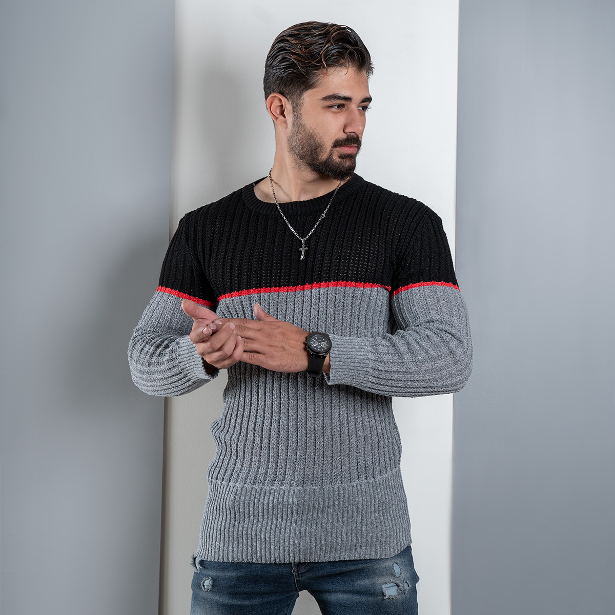 پلیور اندامی (T) طوسی مشکی مردانه مدل Adnan