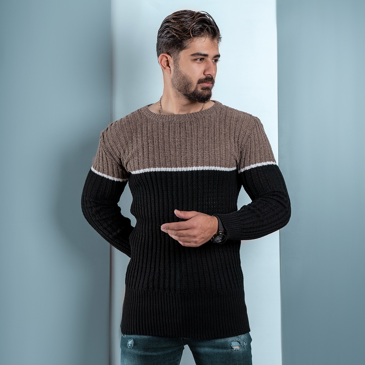 پلیور اندامی (T) مشکی کرم مردانه مدل Adnan