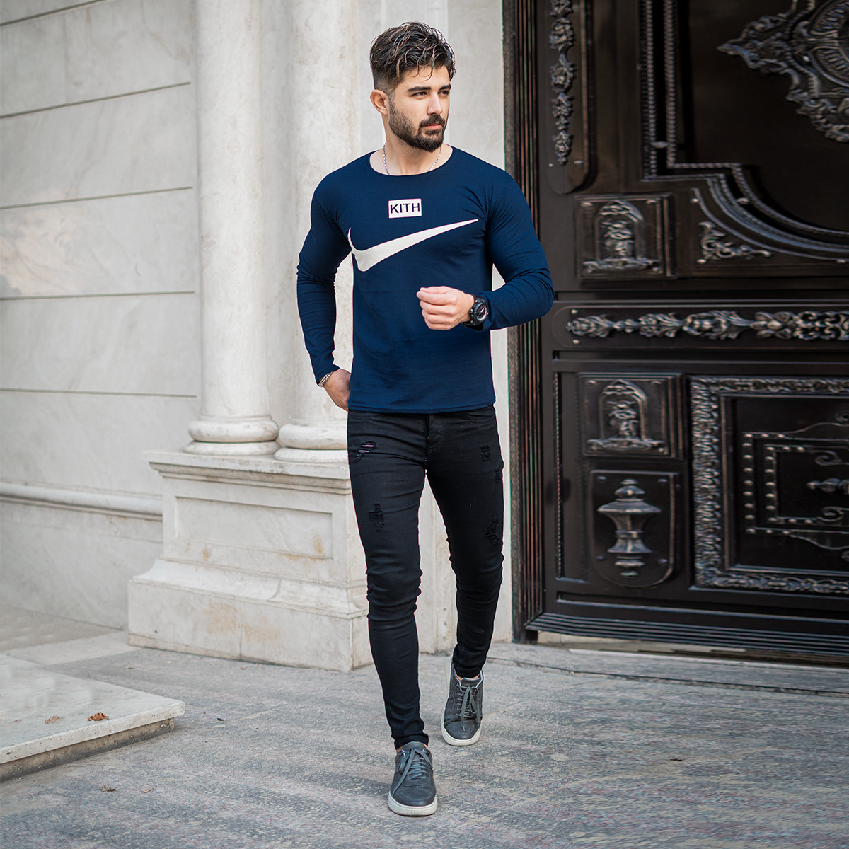 تیشرت آستین بلند مردانه Nike سرمه ای مدل A77