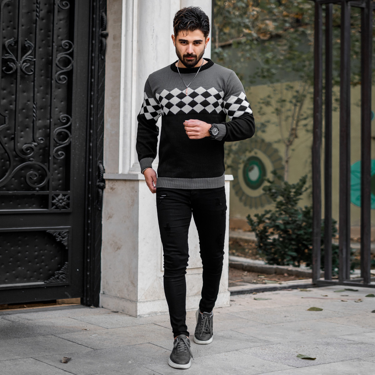 پلیور ژاکارد مشکی سفید مردانه مدل Mehrdad