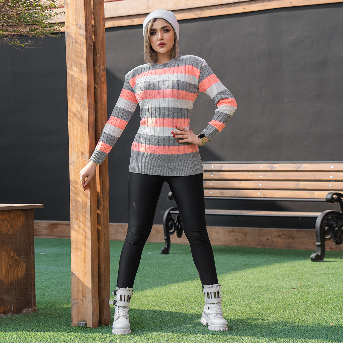 تونیک بافت زنانه راه راه طوسی صورتی مدل kareno