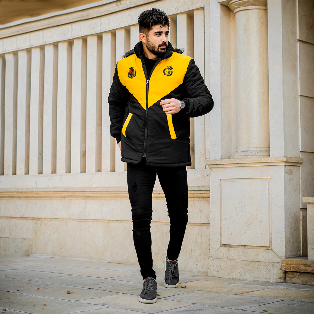 کاپشن مردانه مشکی زرد مدل Arin