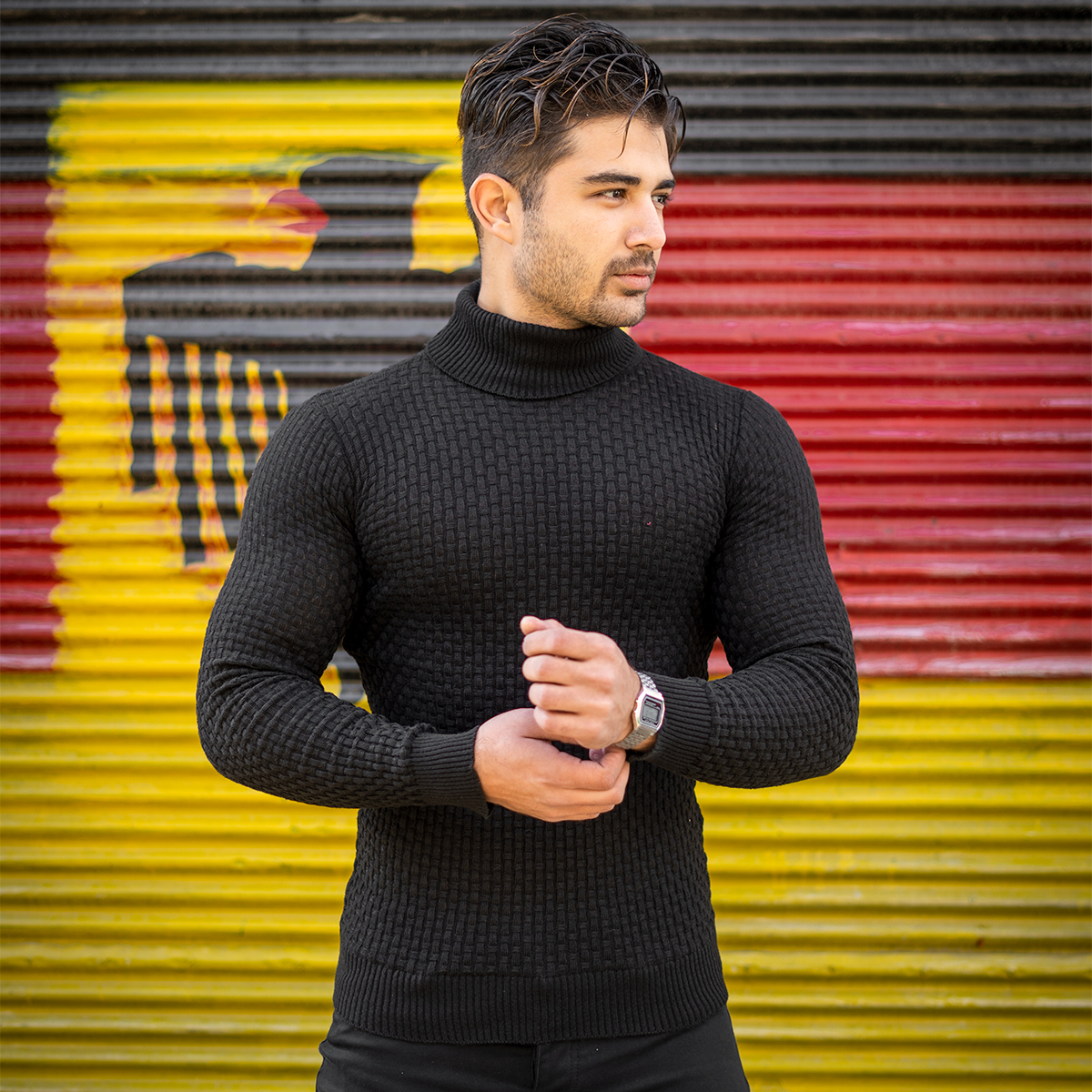 پلیور یقه اسکی مردانه مشکی مدل Oktav