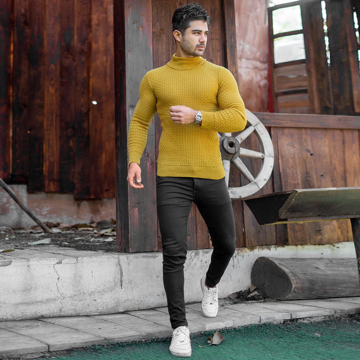 پلیور یقه اسکی مردانه خردلی مدل Oktav