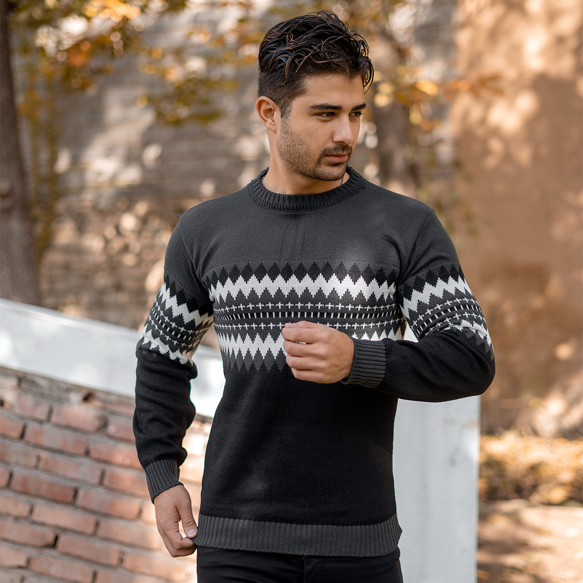 پلیور ژاکارد ذغالی مشکی مردانه مدلSami