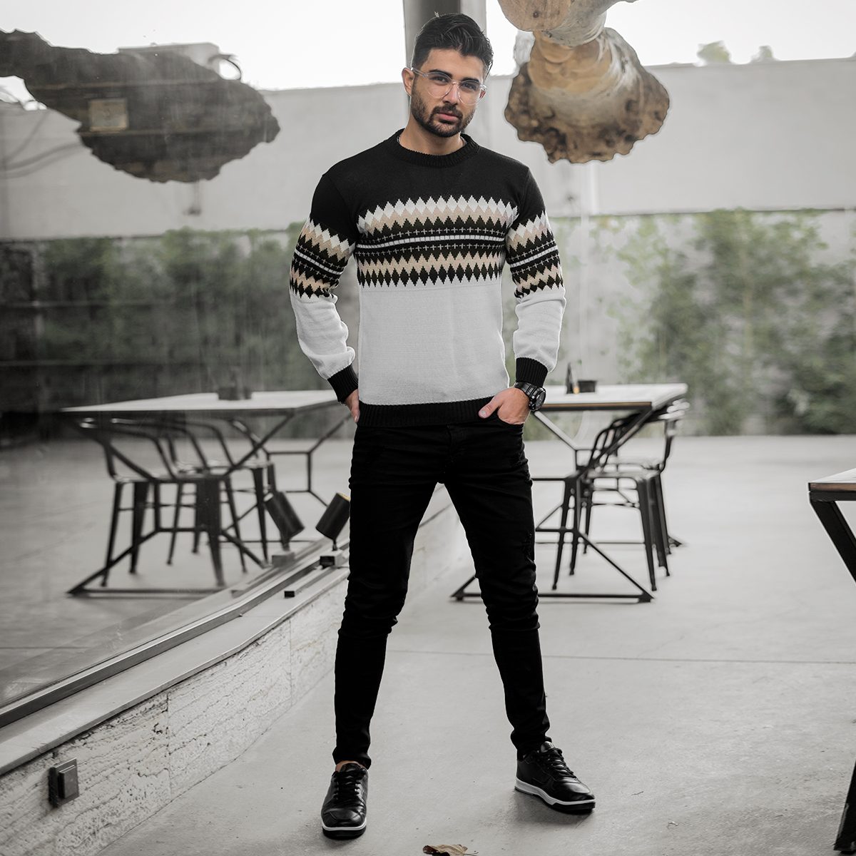 پلیور ژاکارد سفید مشکی مردانه مدلSami