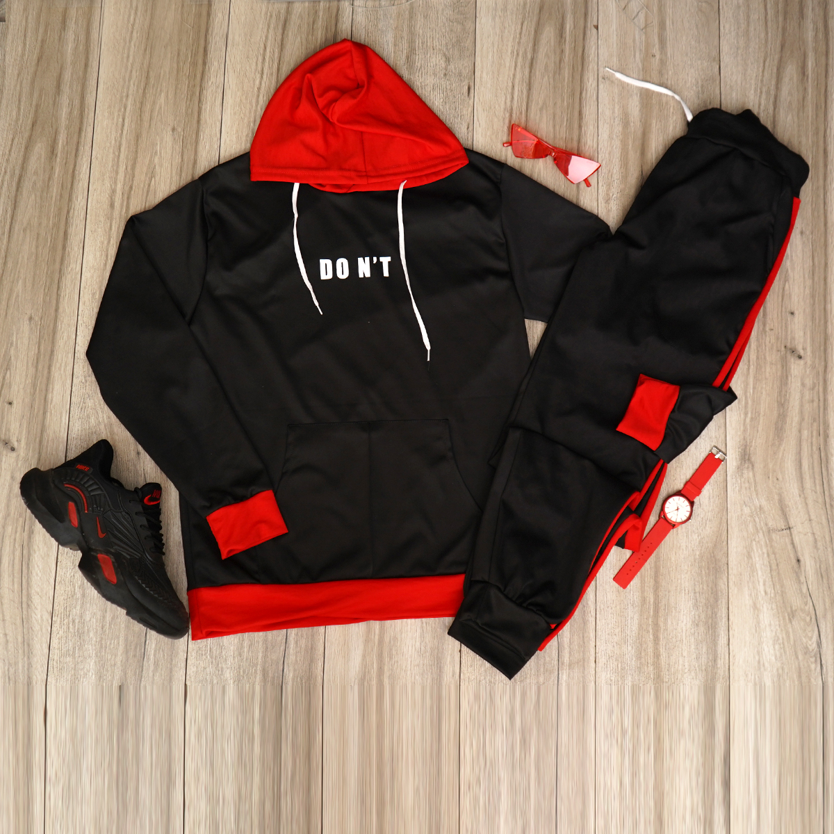 ست هودی شلوار مشکی قرمز مردانه Dontمدل Arsham