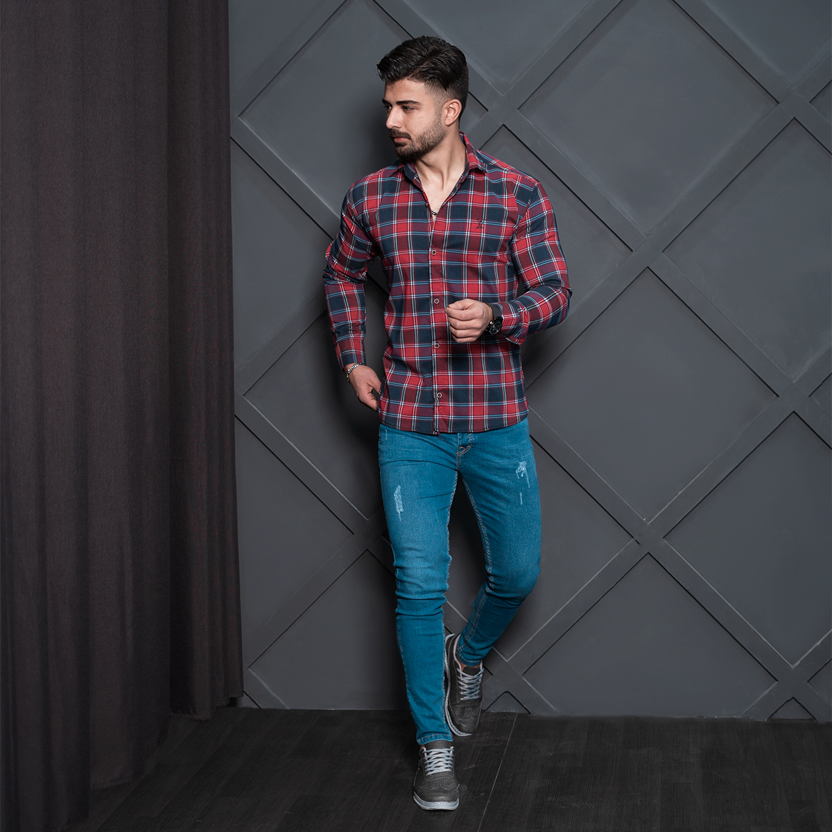 پیراهن چهارخونه مردانه قرمز مدل Faraz