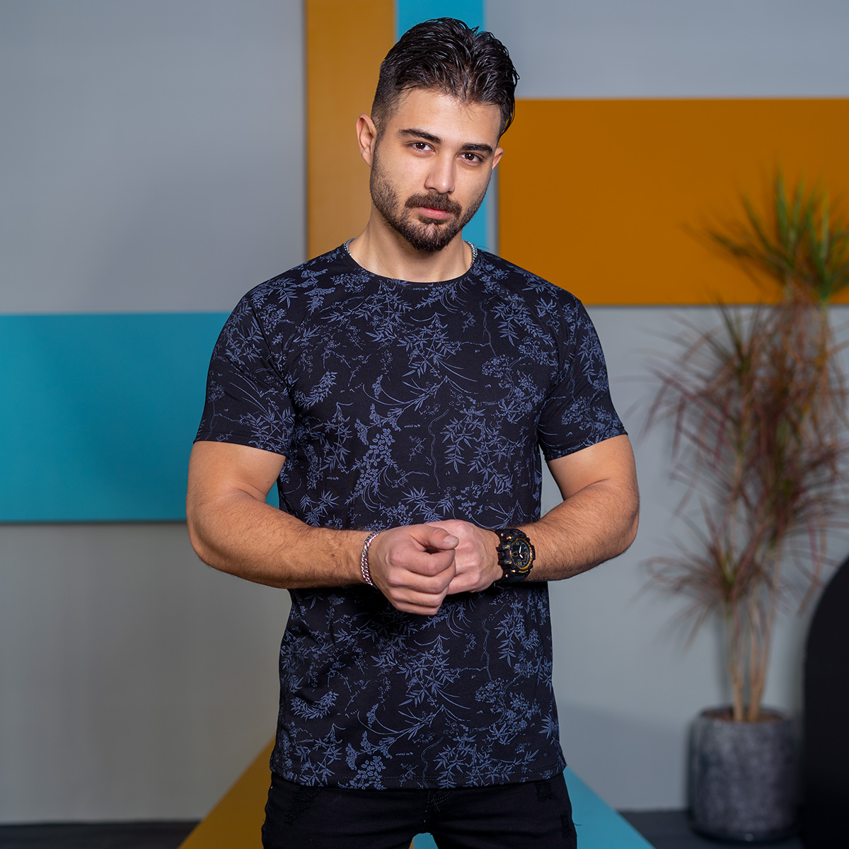 تیشرت مردانه طرح برگ سرمه ای مدل Jeasen