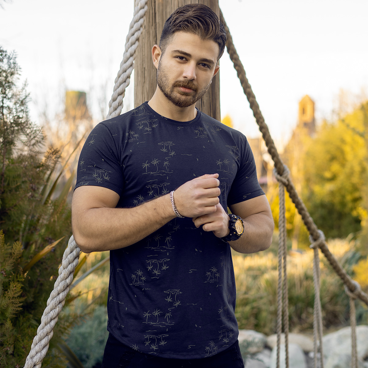 تیشرت هاوایی سرمه ای مردانه مدل E99