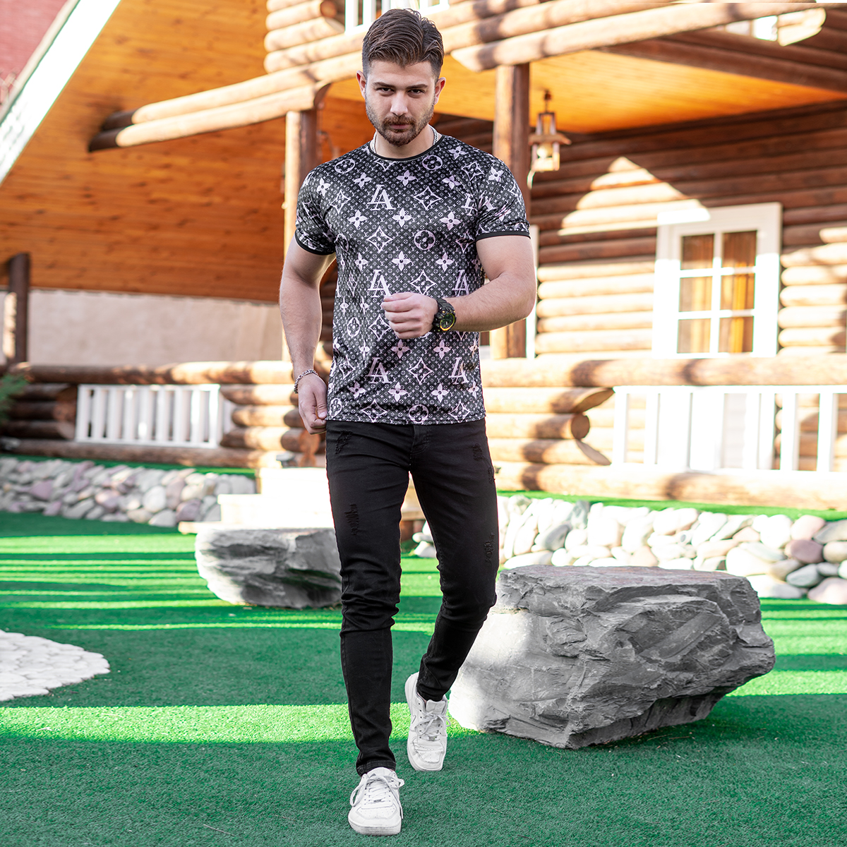 تیشرت مخمل طرحدار مردانه مدل louis vuitton