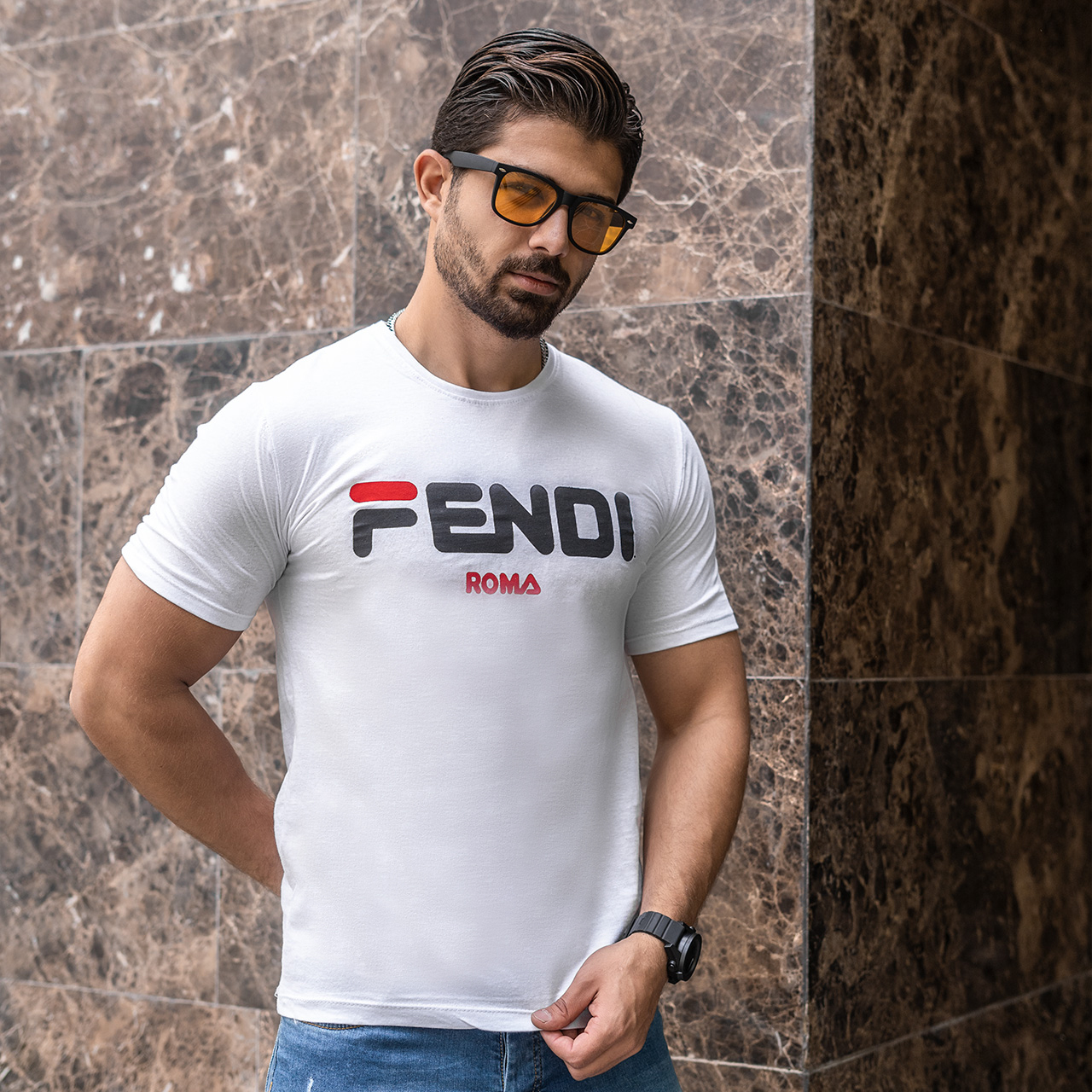 تیشرت فندی سفید مردانه مدل Roma