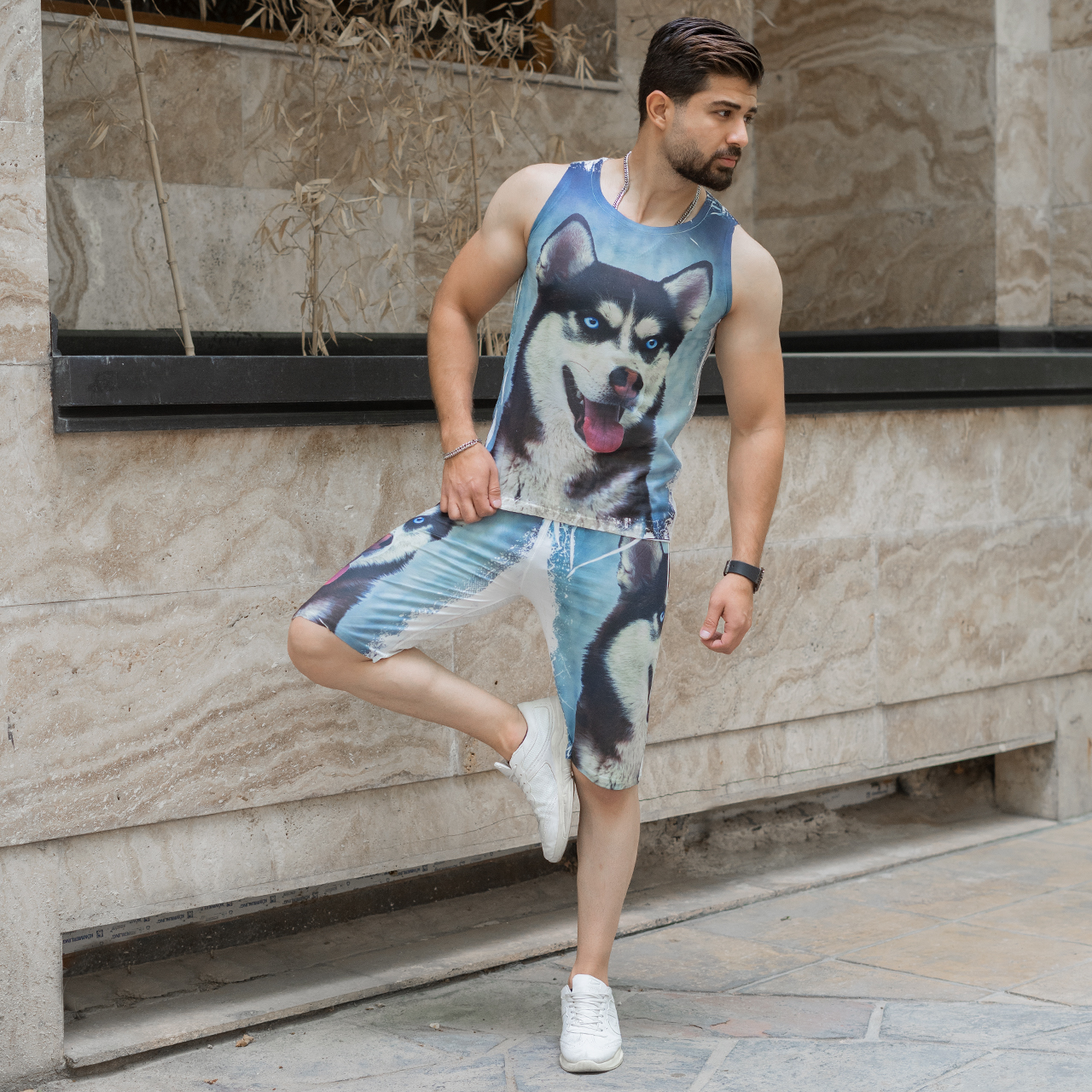 ست رکابی شلوارک آبی مردانه مدل Husky