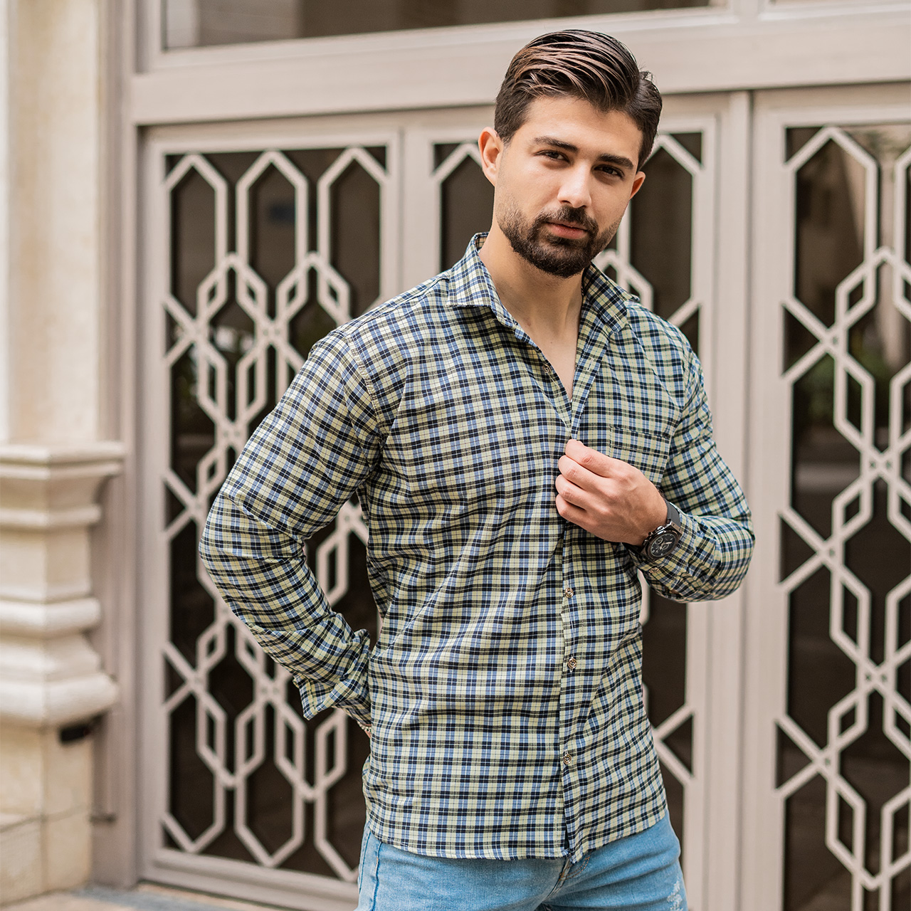 پیراهن مردانه(T) چهار خونه ریز لیمویی کمرنگT78