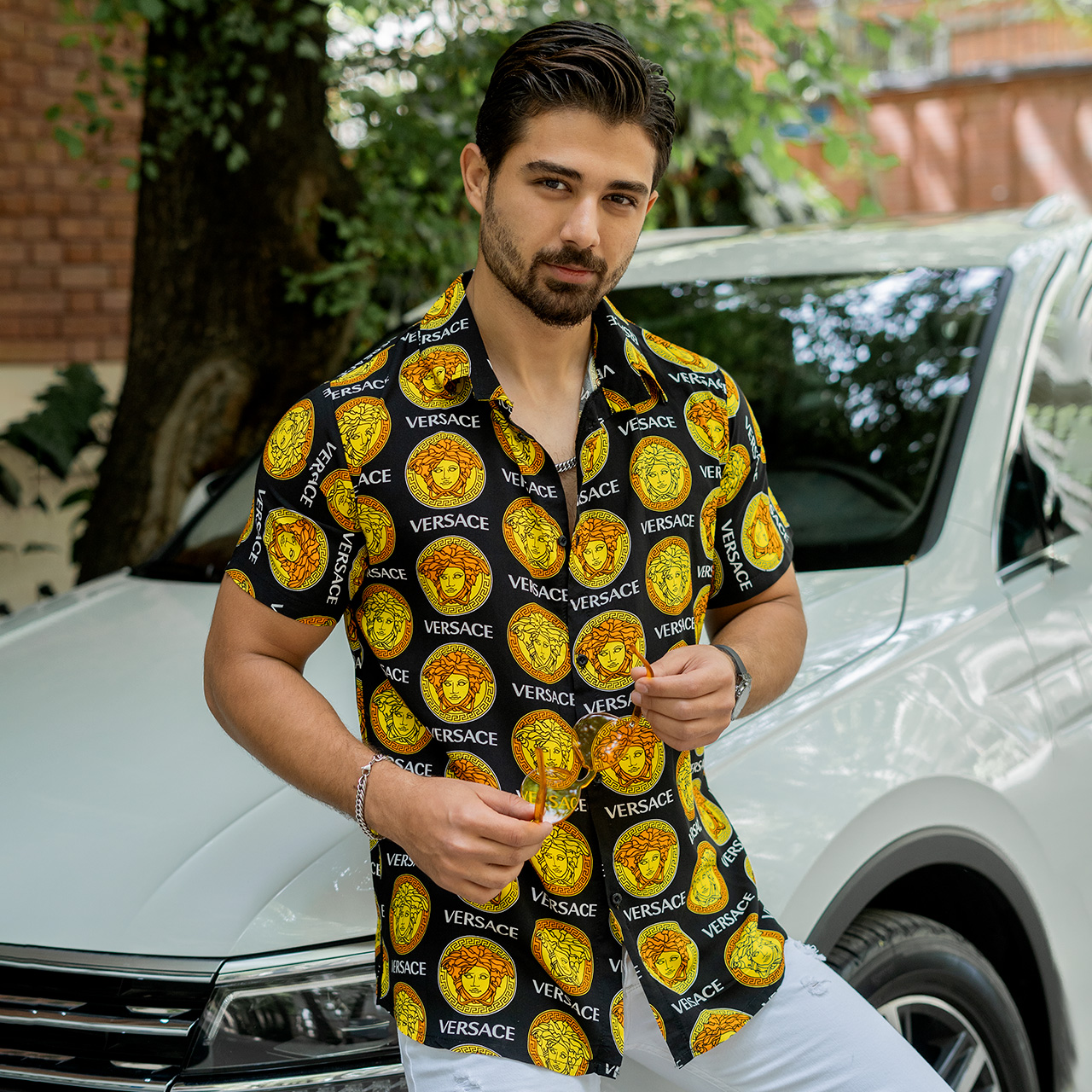 پیراهن هاوایی مردانه ورساچه زرد مدل P13