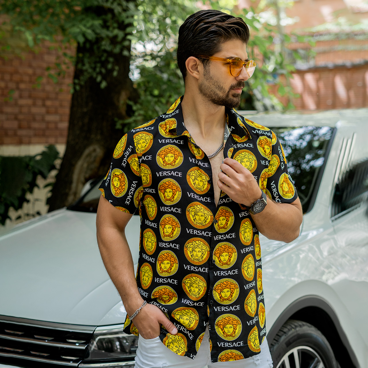 پیراهن هاوایی مردانه ورساچه زرد مدل P13