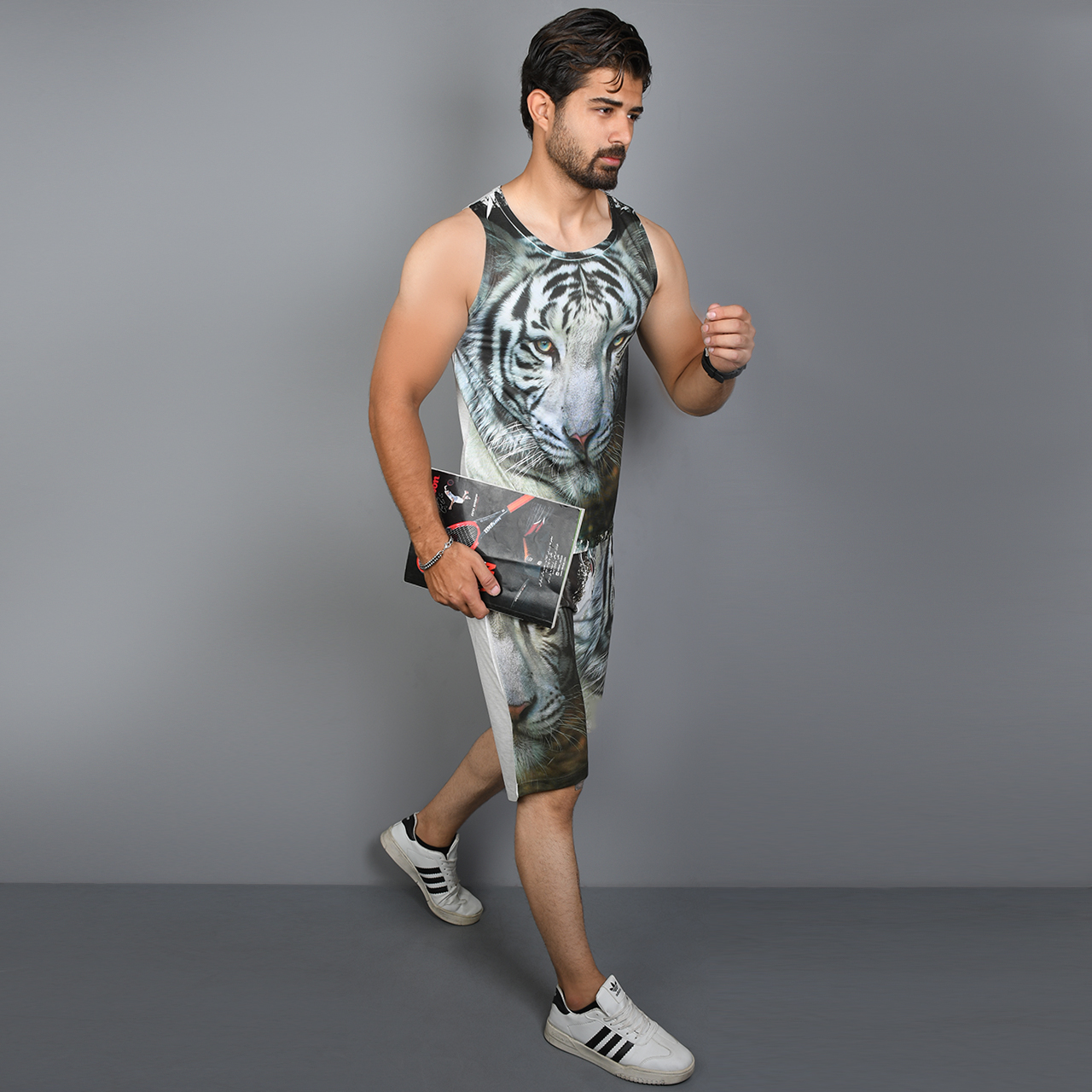 ست رکابی شلوارک طرح ببرقهوه ای مردانه مدل A31