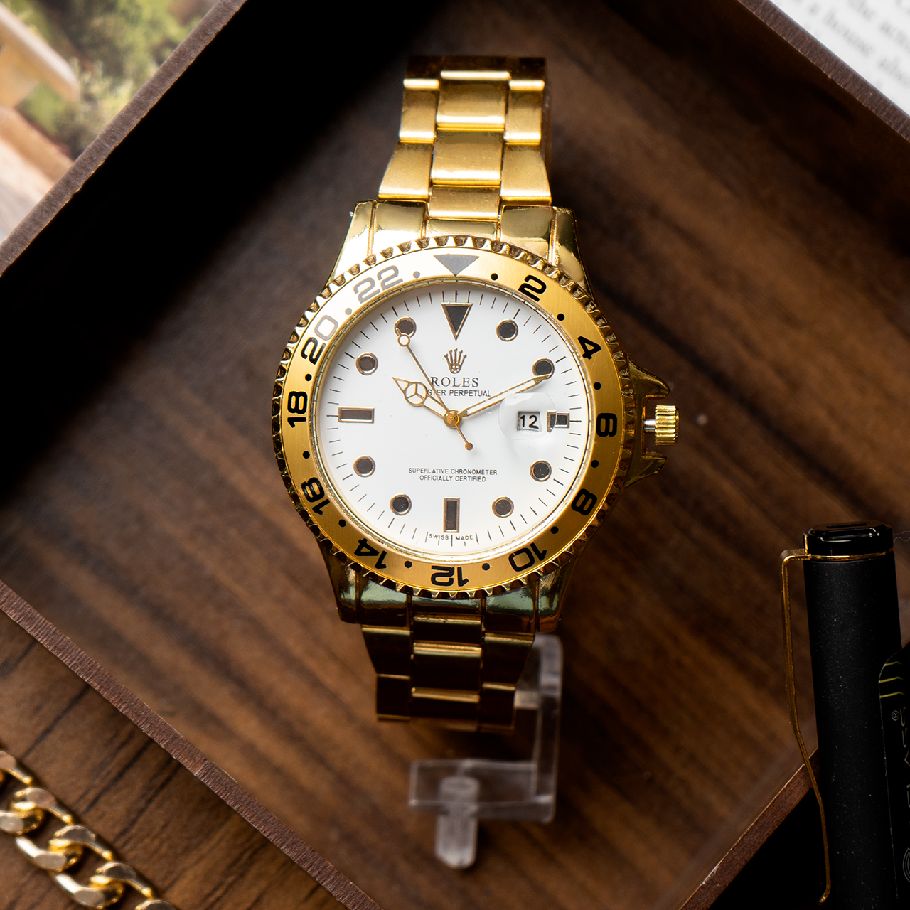 ساعت رولکس طلایی صفحه سفیدمردانه مدل 435