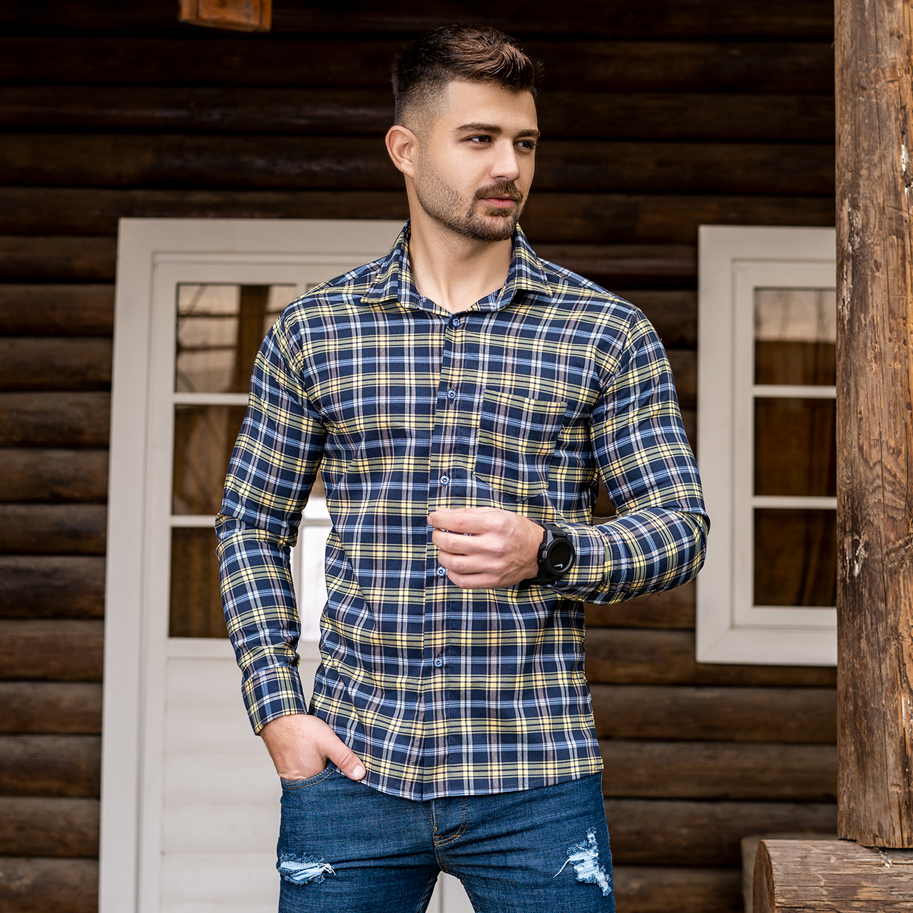 دوتا پیراهن چهارخانه زرد سرمه ای مردانه مدلDivan