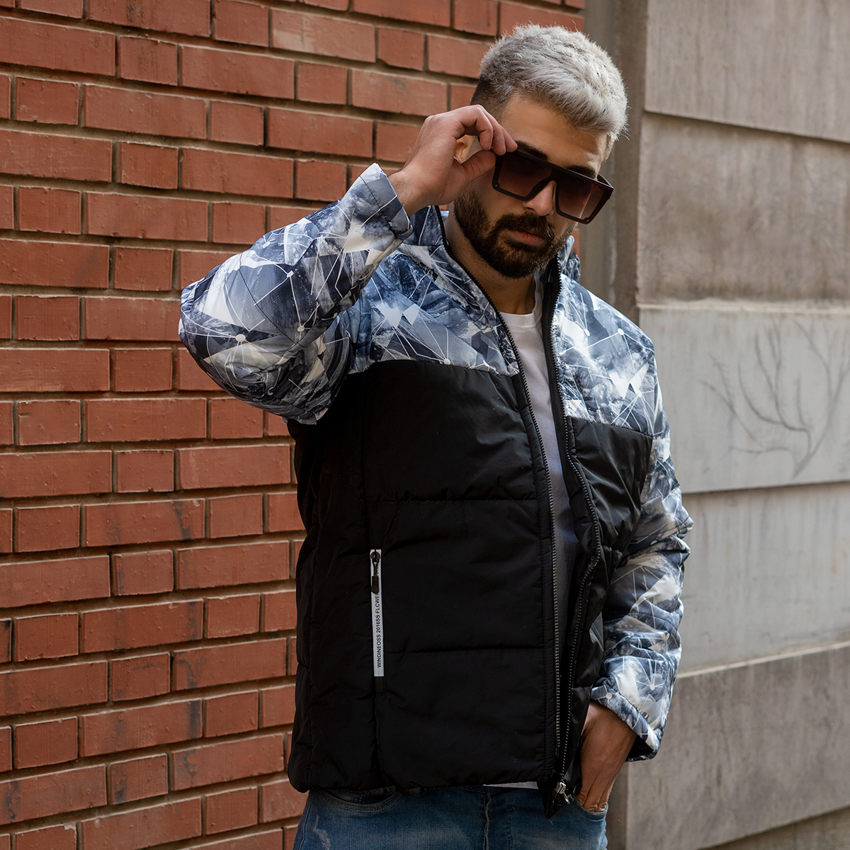 کاپشن مردانه طرح هندسی مشکی -طوسی مدلU800