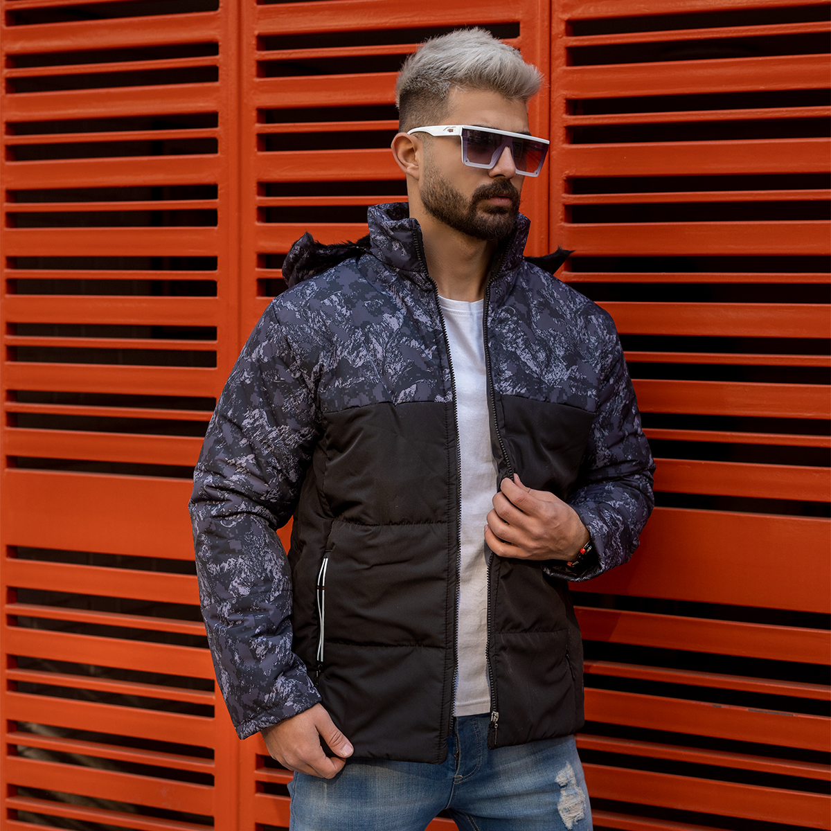 کاپشن دورنگ طوسی-مشکی مردانه مدلRovin