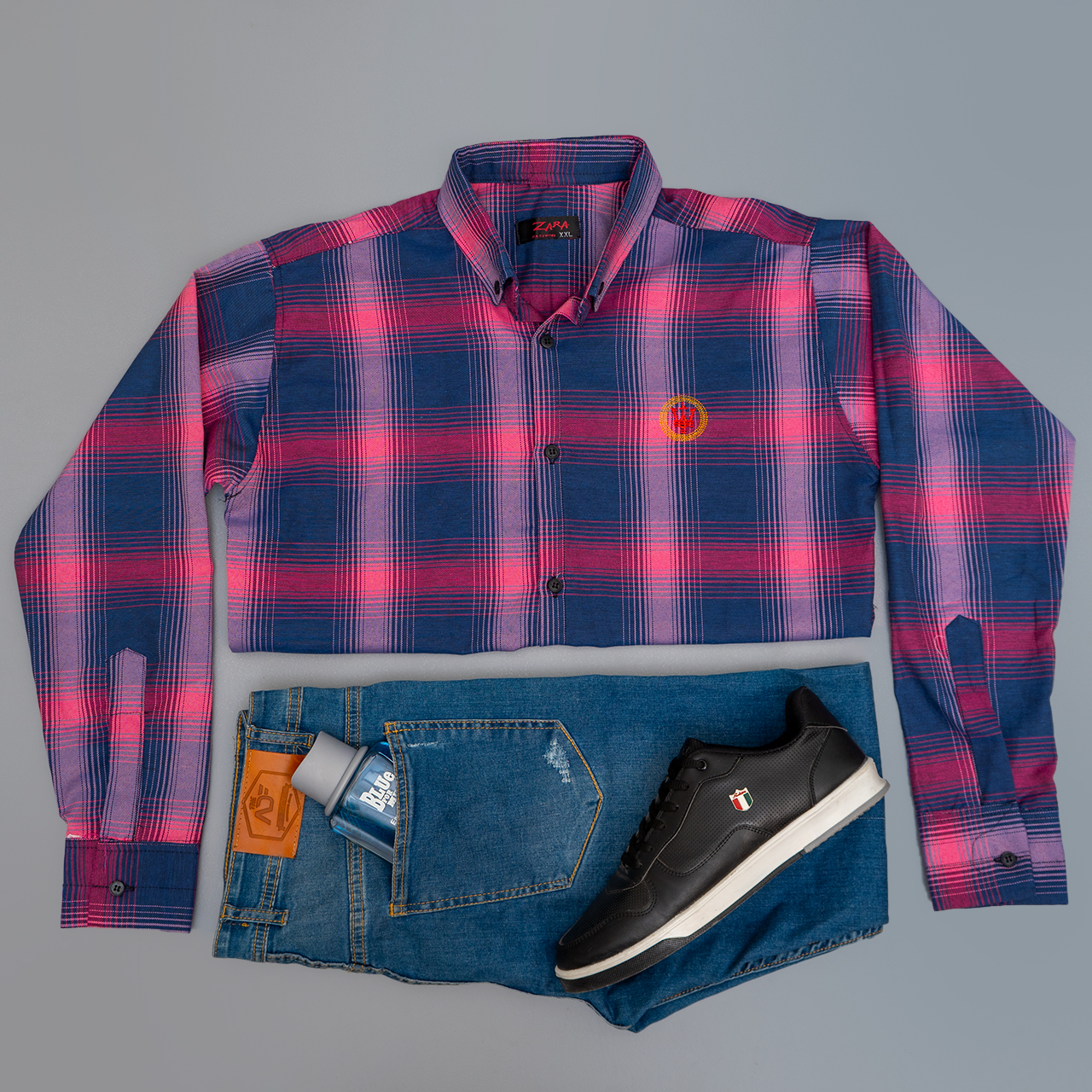 پیراهن چهارخونه مردانه سرمه ای صورتی مدل B16