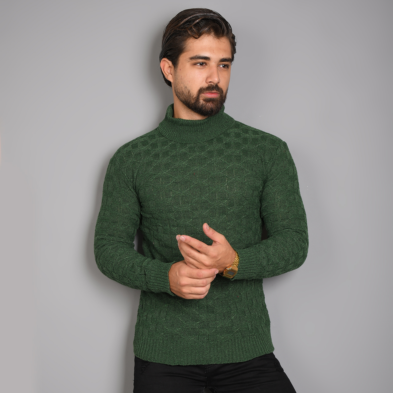 پلیور یقه اسکی سبز طرح لوزی مردانه مدلG10