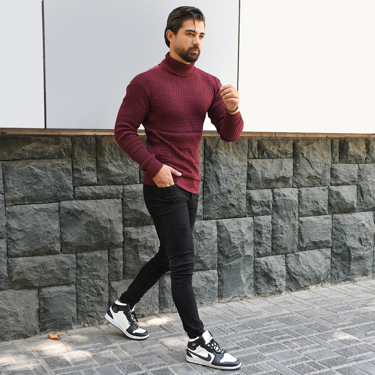 پلیور یقه اسکی زرشکی طرح راه راه مردانه مدلT10