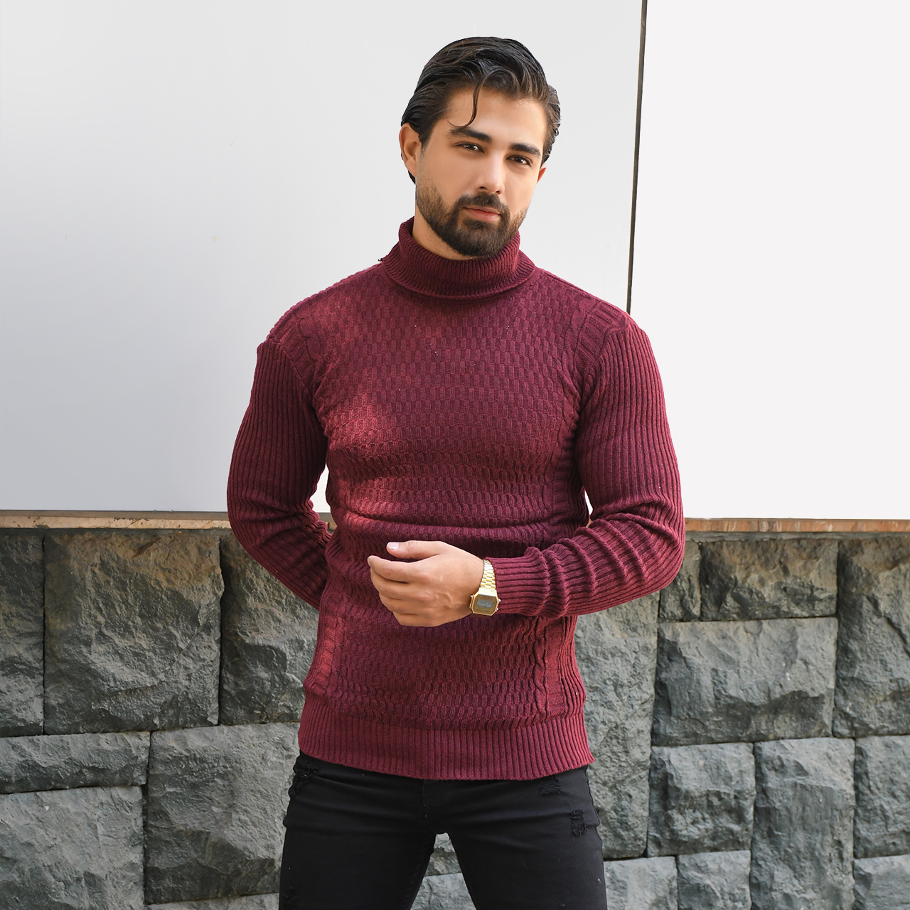 پلیور یقه اسکی زرشکی طرح راه راه مردانه مدلT10