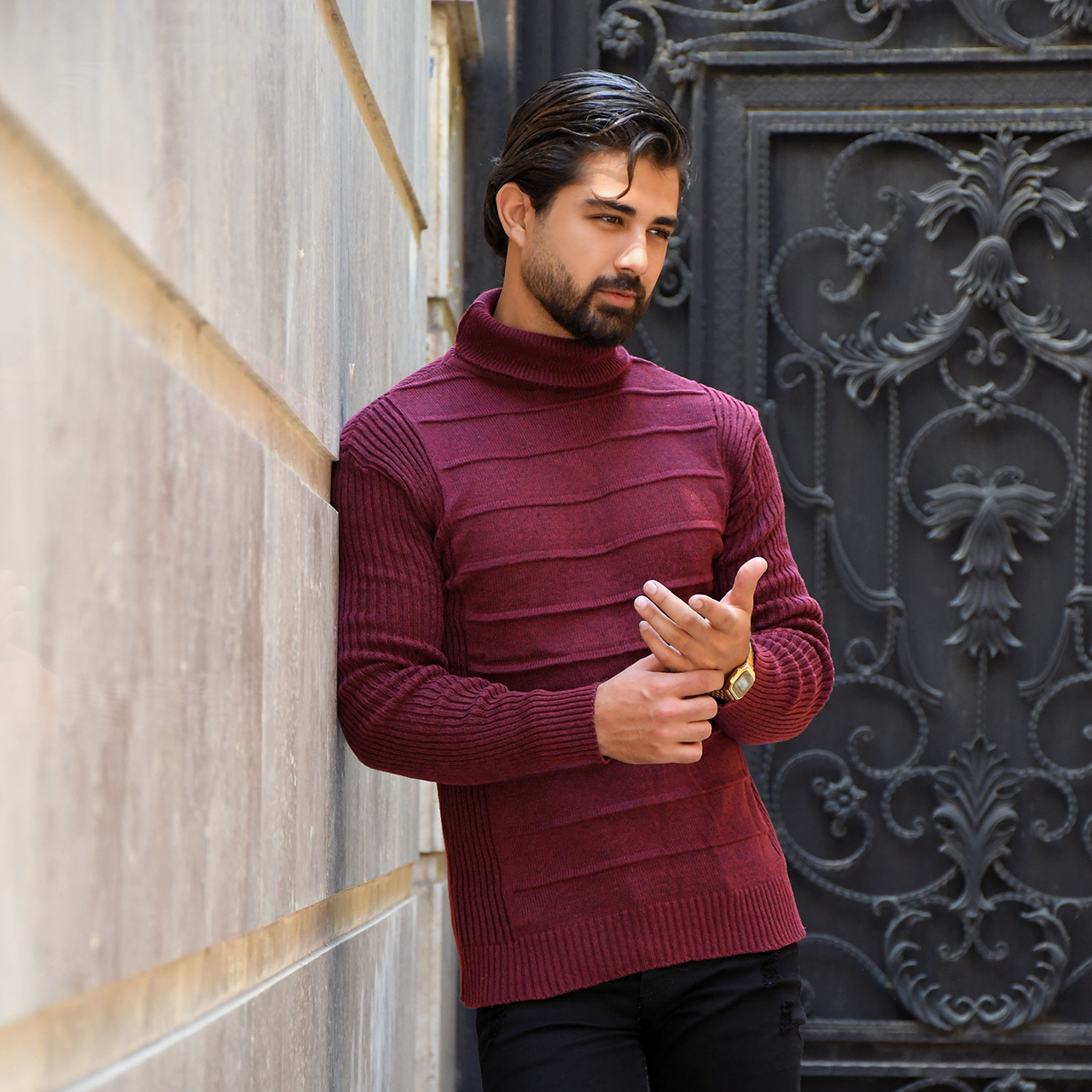 پلیور یقه اسکی زرشکی طرح کرکره ای مردانه مدلR10