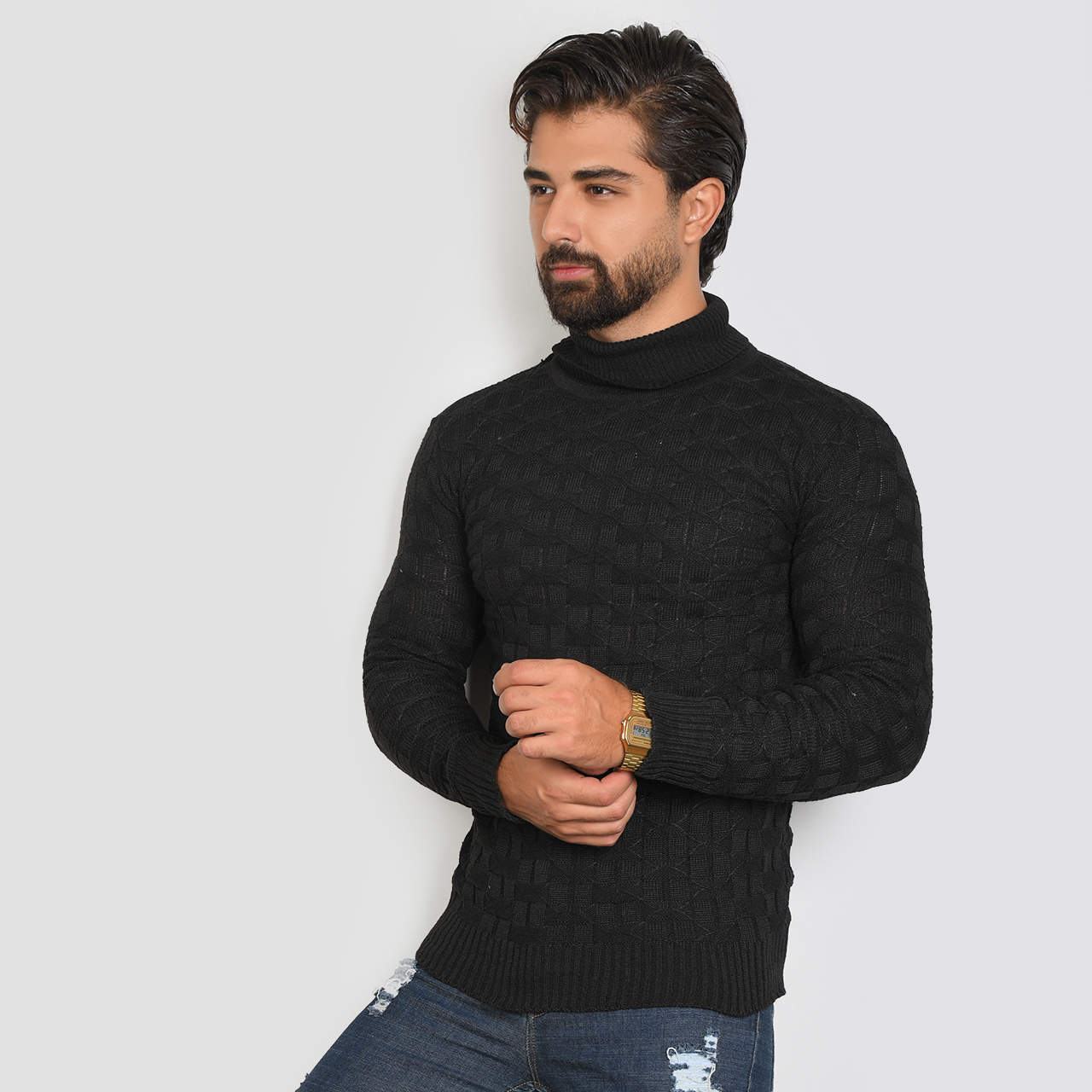 پلیور یقه اسکی مشکی طرح لوزی مردانه مدلG10