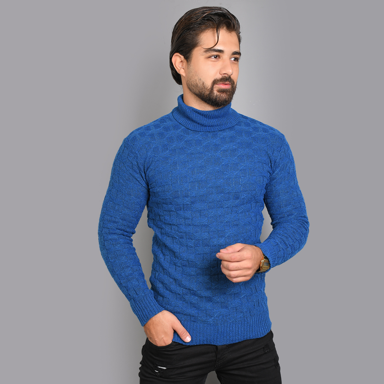 پلیور یقه اسکی آبی طرح لوزی مردانه مدلG10