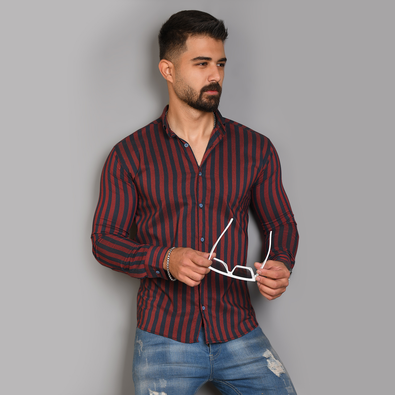 پیراهن راه راه مشکی قرمز مردانه مدل HAMED