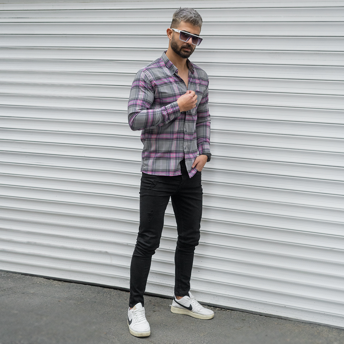 پیراهن مردانه طوسی صورتی مدل ahora