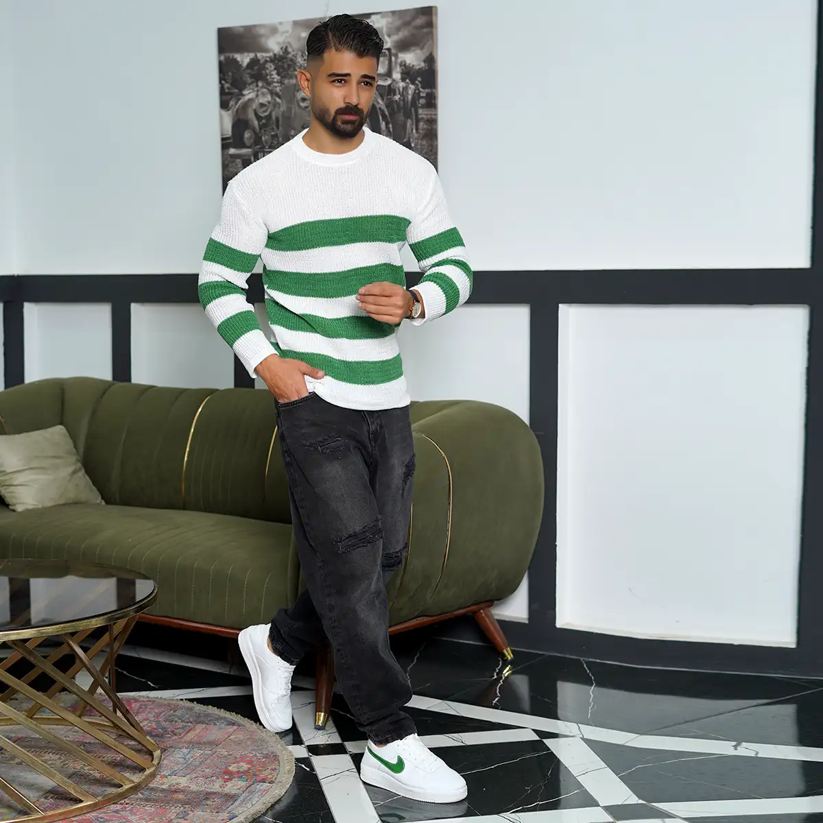 پلیور مردانه راه راه سفید سبز مدل Mahyad