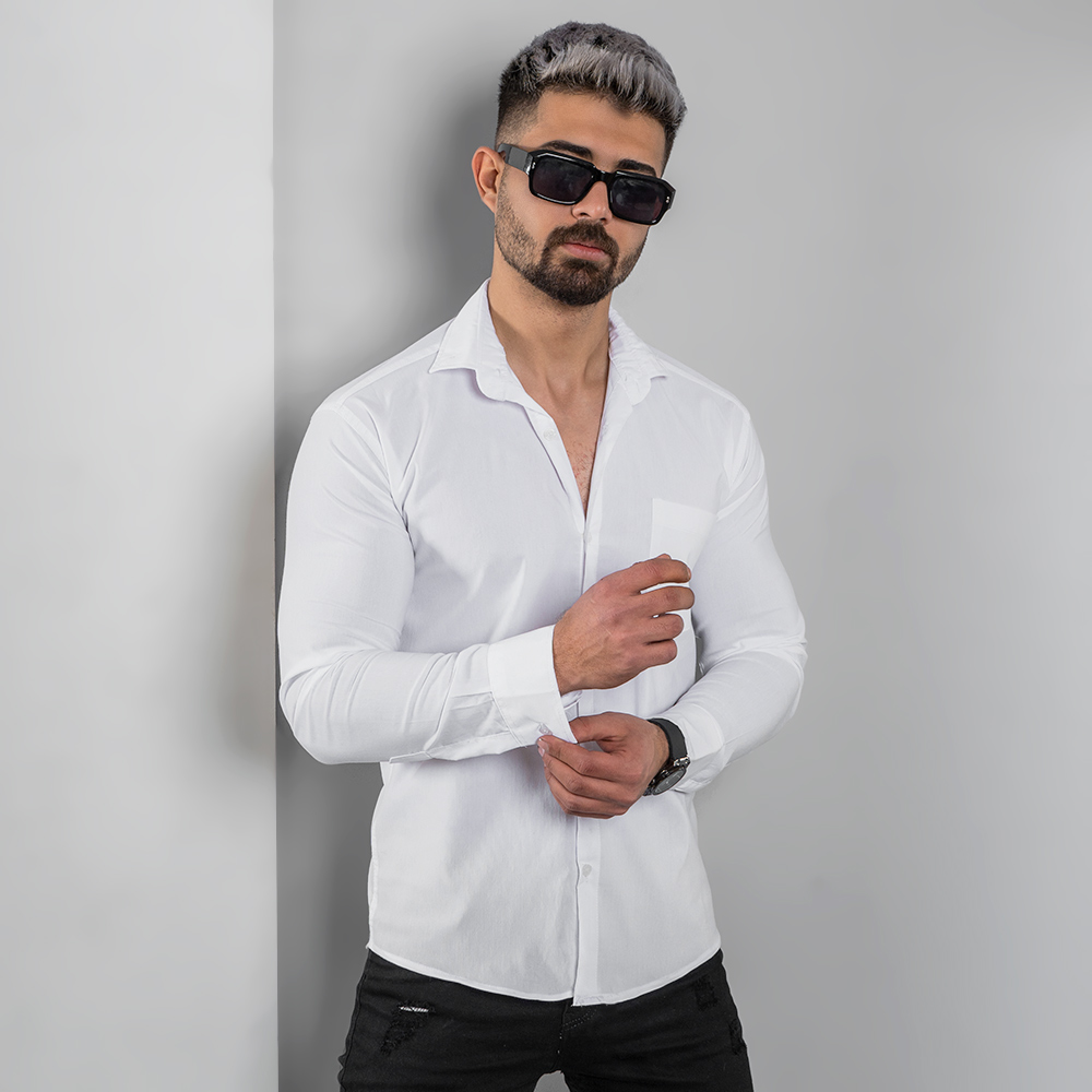 پیراهن مردانه سفید ساده جیب دار مردانه مدل VQ