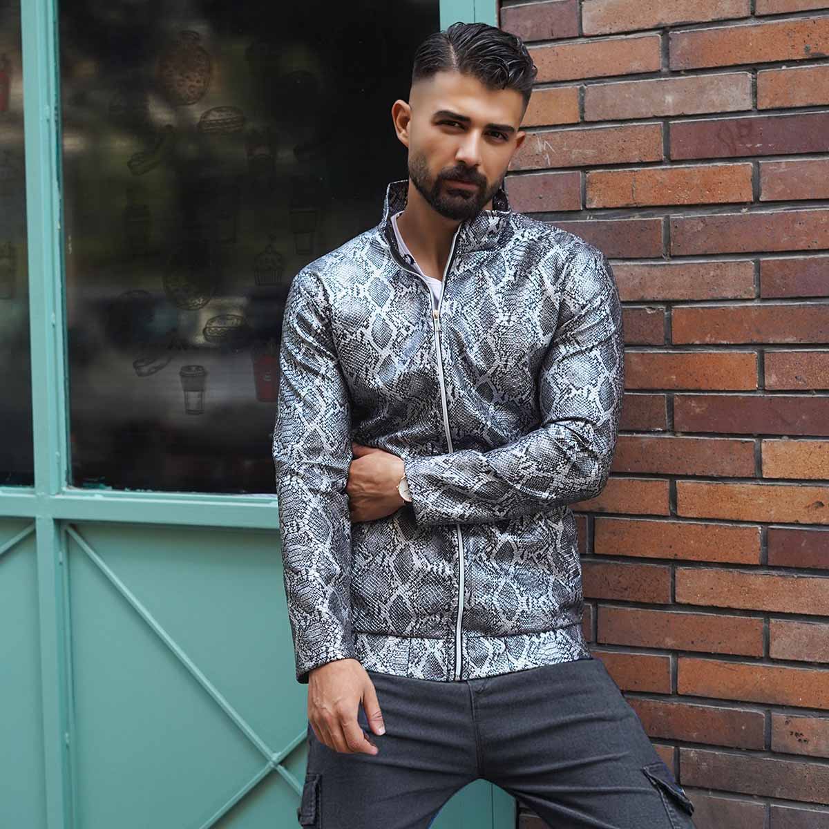 کاپشن چرم مردانه طوسی مدل Peyton