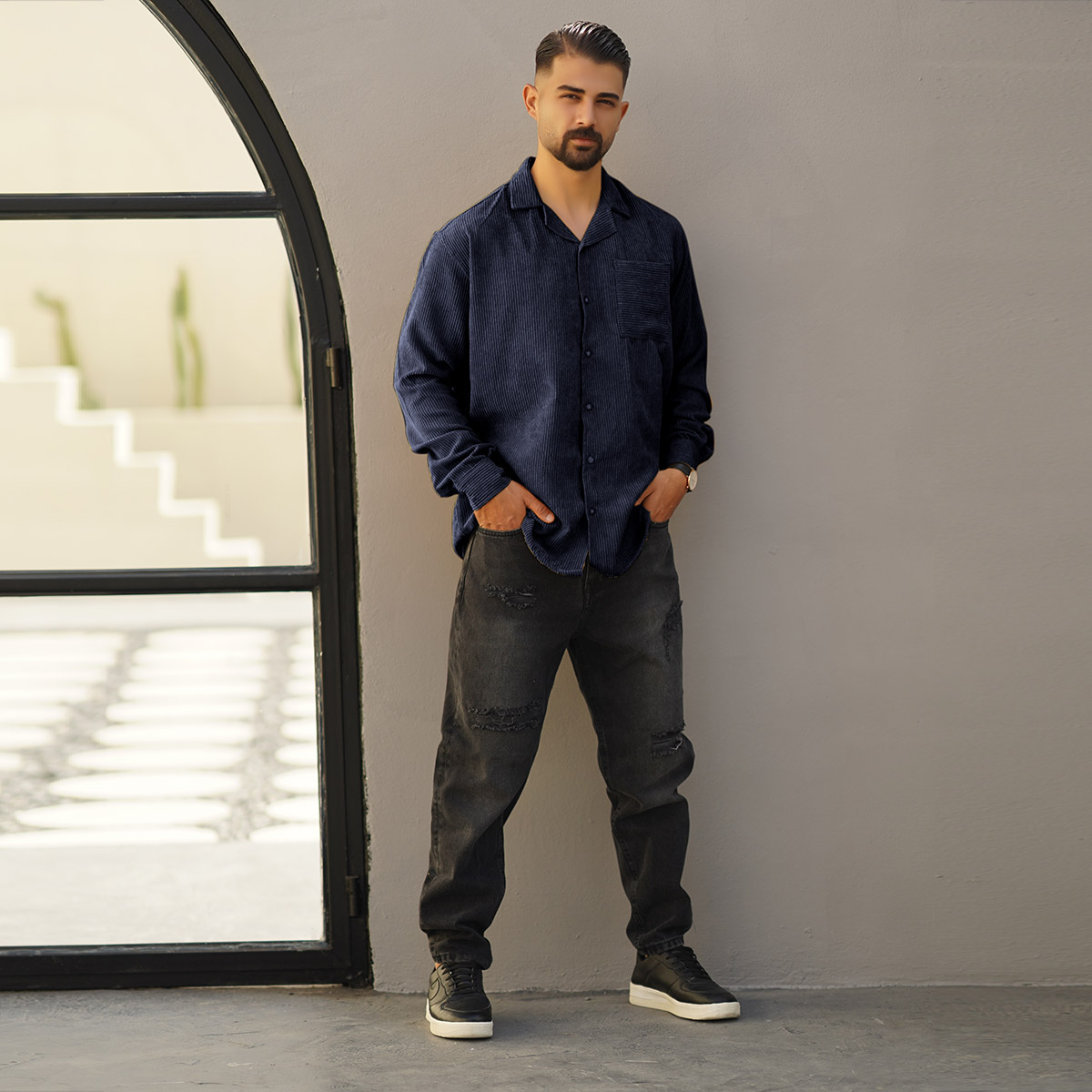 پیراهن مردانه کبریتی سرمه ای مدل Behtash