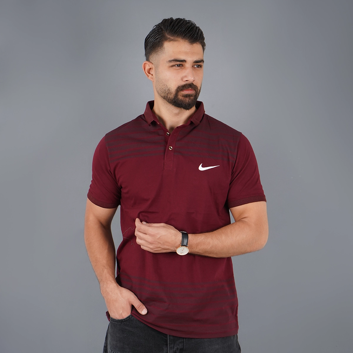 تیشرت یقه دار راه راه زرشکی مدل Farhan