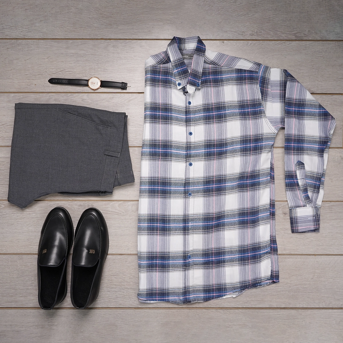 پیراهن چهارخونه آبی سفید مردانه مدل Sany